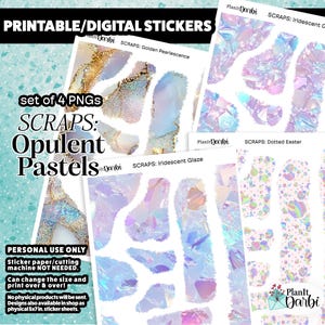 Könnte beinhalten: Ein Satz von vier digitalen PNG-Stickern mit der Bezeichnung "SCRAPS: Opulent Pastels". Die Aufkleber zeigen schillernde und pastellfarbene Designs, darunter "Golden Pearlescence", "Iridescent Glaze" und "Dotted Easter". Der Text "PRINTABLE/DIGITAL STICKERS" steht oben.