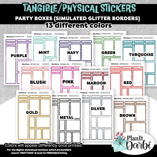 Tangible stickers: PARTY BOXES, faux glitter bordered boxes for journaling and planning new year's, graduation, birthdays, anniversaries