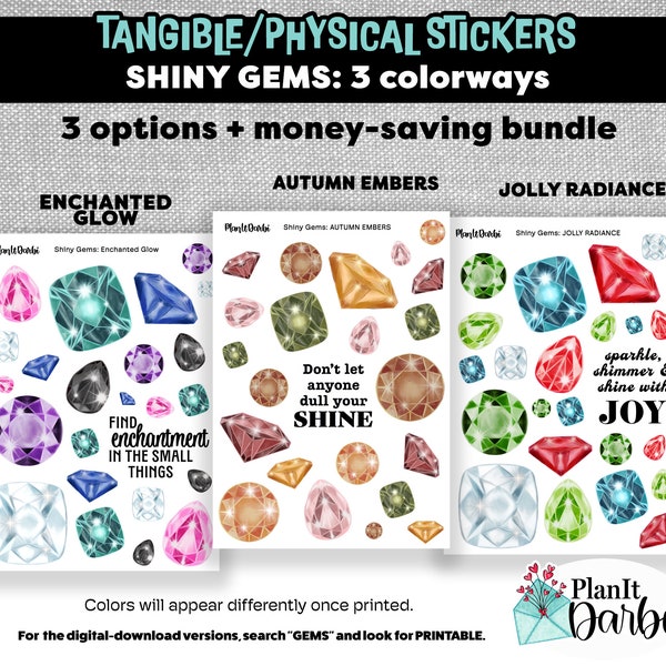tangible stickers: SHINY GEM stickers (3 options), jewel planner stickers, sparkles, treasure, jewelry stickers for journals and planners