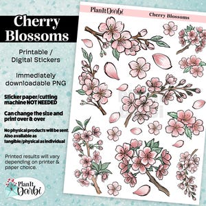 May include: Digital sticker sheet featuring cherry blossom illustrations. The sheet includes branches with pink flowers, individual blossoms, and petals. Text on the sheet reads "Cherry Blossoms" and "Printable / Digital Stickers."