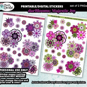 May include: Two sheets of printable digital stickers featuring floral designs in shades of purple, pink, and green. The text "darBlooms: Majestic Joy" is displayed at the top. The stickers are labeled "Personal Use Only" and state that a sticker machine is not needed.