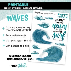 PRINTABLE STICKERS: watercolor WAVES, summer, surfing, ocean waves, surf, beach, travel, boat printable digital planner and journal stickers