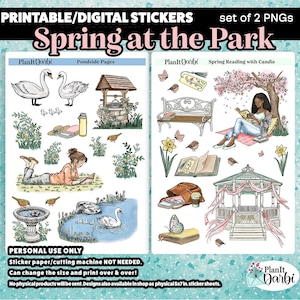 Puede incluir: Pegatinas digitales imprimibles con temática de parque primaveral. Las pegatinas incluyen ilustraciones de cisnes, un pozo, una glorieta, un banco de parque y personas leyendo. El texto "Spring at the Park" está en la parte superior. Las pegatinas están disponibles como 2 PNG.