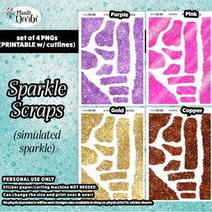 May include: A set of four digital PNG files featuring simulated sparkle scrap shapes in purple, pink, gold, and copper. The image includes the text PlanIt Darbi, Sparkle Scraps, simulated sparkle, set of 4 PNGs, and printable w/ cutlines.