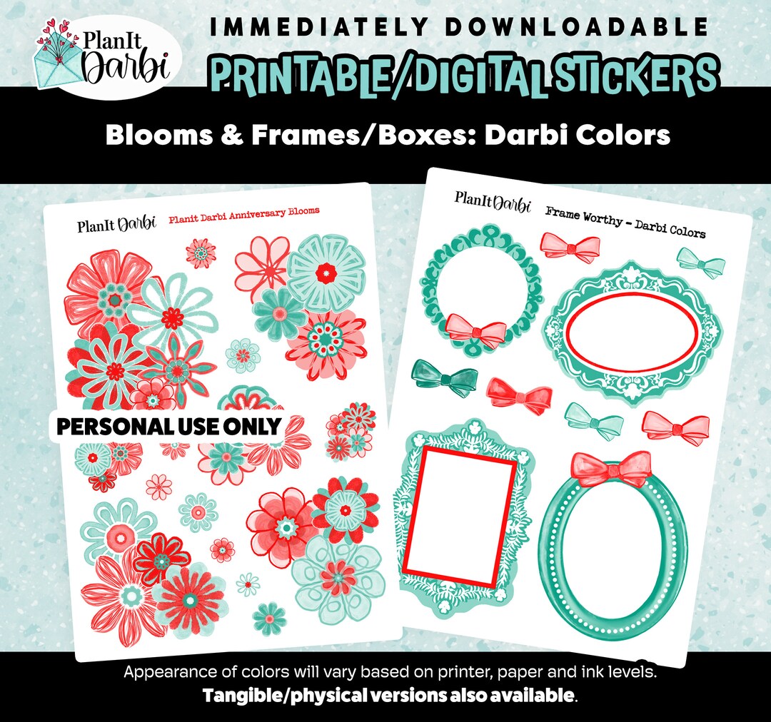 Printable Planner Stickers: Set of 2, Turquoise Red Blooms, Frames ...