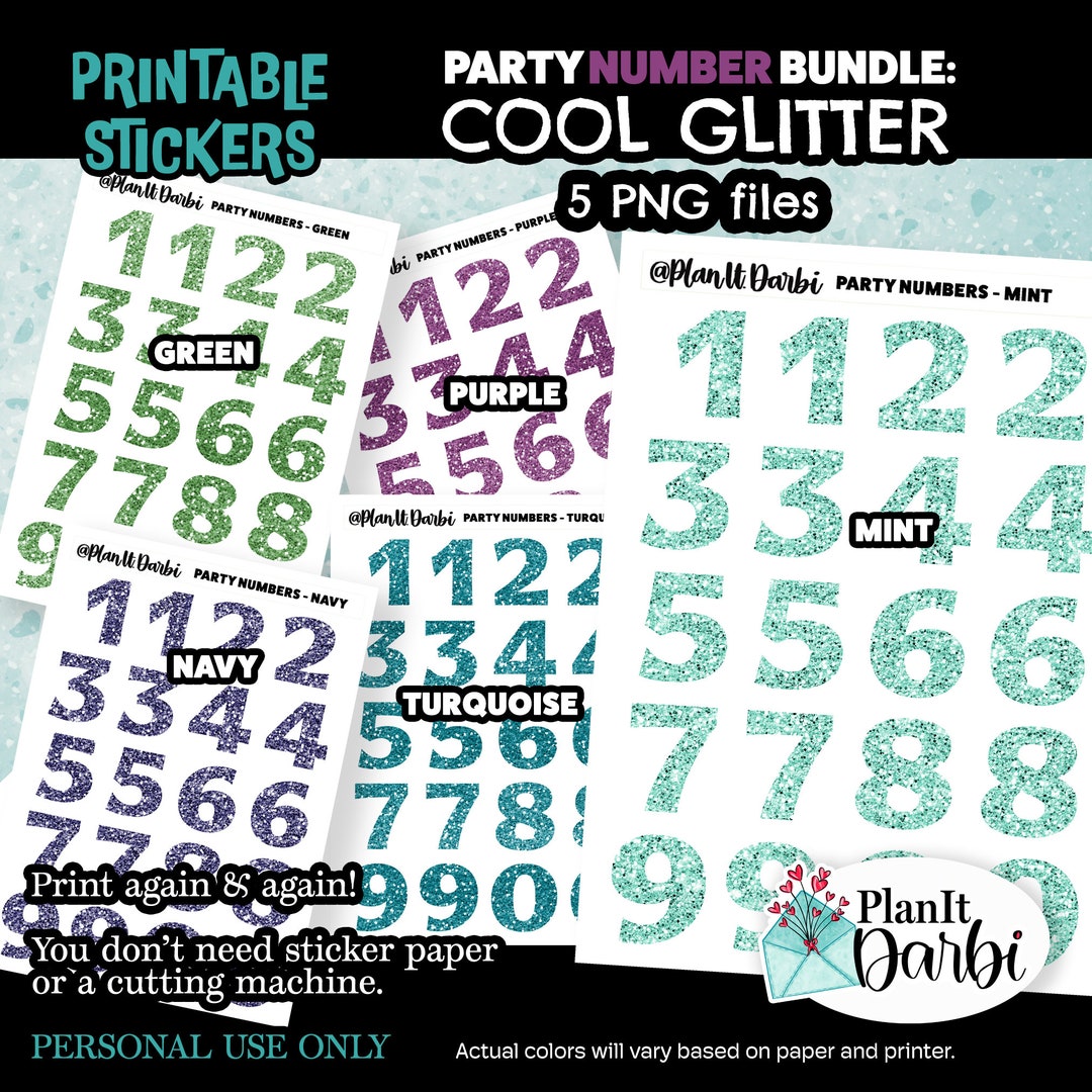 Printable Planner Stickers: PARTY NUMBERS (4 Pngs) COOL Glittery