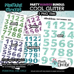 printable planner stickers: PARTY NUMBERS (4 PNGs) COOL glittery stickers for planning & journaling, anniversary, birthdays, new year's