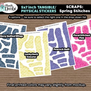 May include: Four sheets of 5x7 inch physical stickers with a spring stitch theme. The stickers feature different designs: navy quilted wings, lucky duck sweater, peacock quilt, and floral stitched pink.
