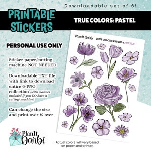 Printable Stickers: True Colors PASTEL set of 6 PNG digital watercolor spring flowers, lined floral stickers for planners & Journals 画像 4