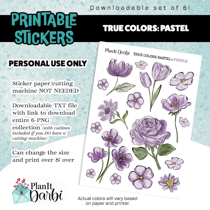 Printable Planner Stickers: True Colors (set of 6 PNG) Pastel Floral ...