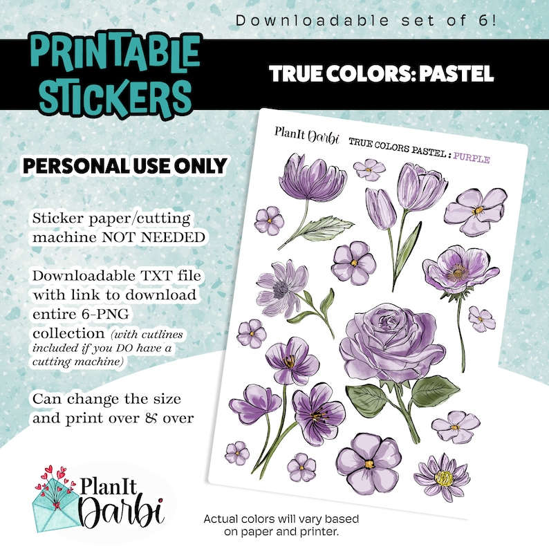 Printable Stickers: True Colors PASTEL set of 6 PNG digital watercolor spring flowers, lined floral stickers for planners & Journals 画像 4