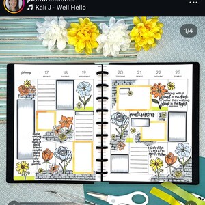 May include: A weekly planner with a floral theme. The planner has a brick wall background with flowers and leaves. The planner has a quote about friendship: "Walking with a friend in the dark is better than walking alone in the light."