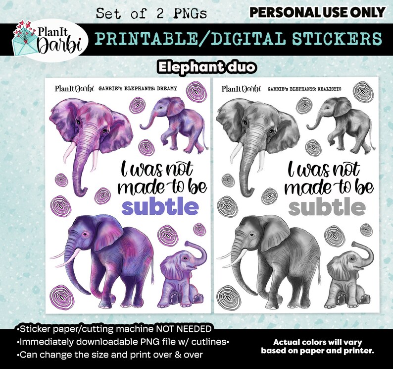 Printable Planner Stickers: ELEPHANTS (2 Pngs), African Elephant, Wild ...