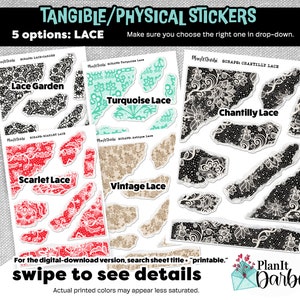 TANGIBLE planner stickers: SCRAPS - LACE (5 opt)- torn paper lacy, vintage, feminine, valentine&#39;s day ephemera for journaling & planning