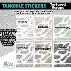 May include: A set of six sheets of clear sticker paper with various designs. The designs include sheet music, cursive writing, vintage text, and a floral pattern. The stickers are approximately 5 inches by 7 inches.