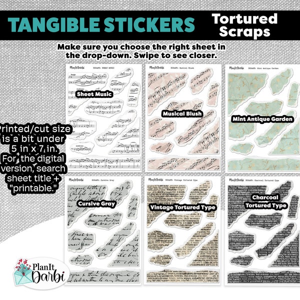 Tangible Planner Stickers: Scraps TORTURED music, typewriter, poetry, vintage, simulated torn paper for scrapbooks, planners and bujos