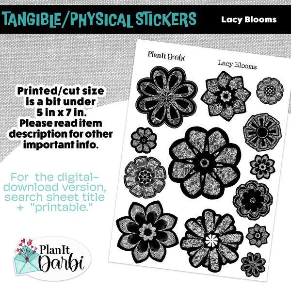 TANGIBLE planner stickers: Lacy Blooms - black and white flowers, lacy florals, intricate lace, creative planner and journal stickers