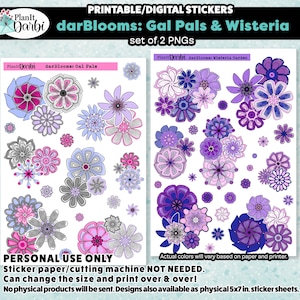 printable planner stickers: WISTERIA or GAL PAL darblooms, spring florals, floral clusters, vibrant fun colors, bloom stickers, purple, pink