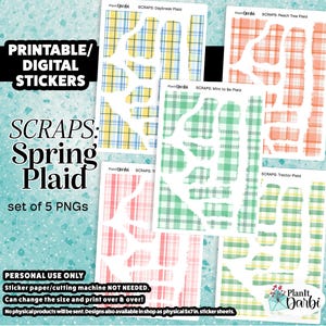 May include: A set of five digital PNG stickers with a spring plaid theme. The stickers feature torn paper designs in various pastel colors, including yellow, peach, mint green, pink, and light green. Text includes "PRINTABLE/DIGITAL STICKERS" and "SCRAPS: Spring Plaid".