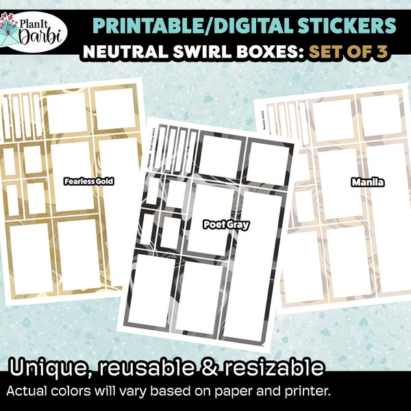 printable planner stickers: Reusable Trio of NEUTRAL TTPD Swirl Boxes, functional planner, unique box stickers for journaling, planning