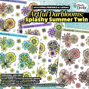 May include: Four printable PNGs featuring colorful floral designs with the text "Artful Darblooms: Splashy Summer Twin." The designs include various flowers in shades of blue, yellow, purple, and pink. The text "PERSONAL USE ONLY" is also visible.
