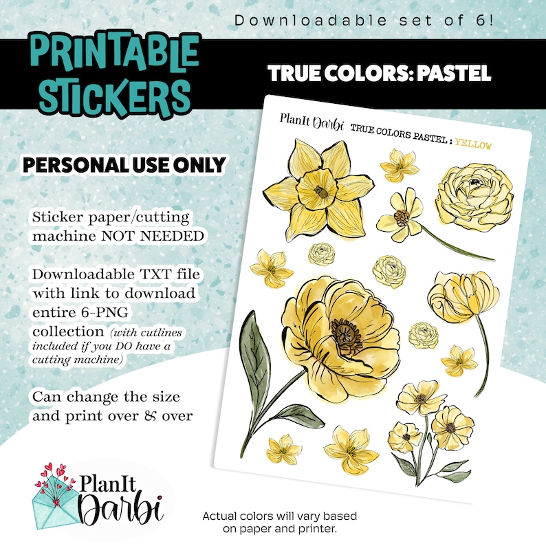 Printable Stickers: True Colors PASTEL set of 6 PNG digital watercolor spring flowers, lined floral stickers for planners & Journals 画像 7