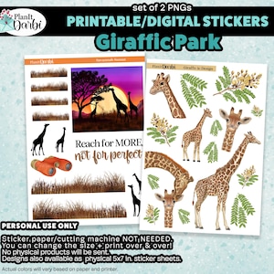 May include: Two printable digital sticker sheets featuring giraffe designs. One sheet includes giraffe silhouettes, binoculars, and a sunset scene with giraffes. The other sheet showcases detailed giraffe illustrations and foliage. Text reads "Giraffic Park."