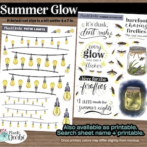 May include: Two sheets of stickers with a summer theme. One sheet features strings of yellow patio lights. The other sheet has fireflies, a mason jar, and text that reads "Summer Afterglow". The text "Summer Glow" is at the top.