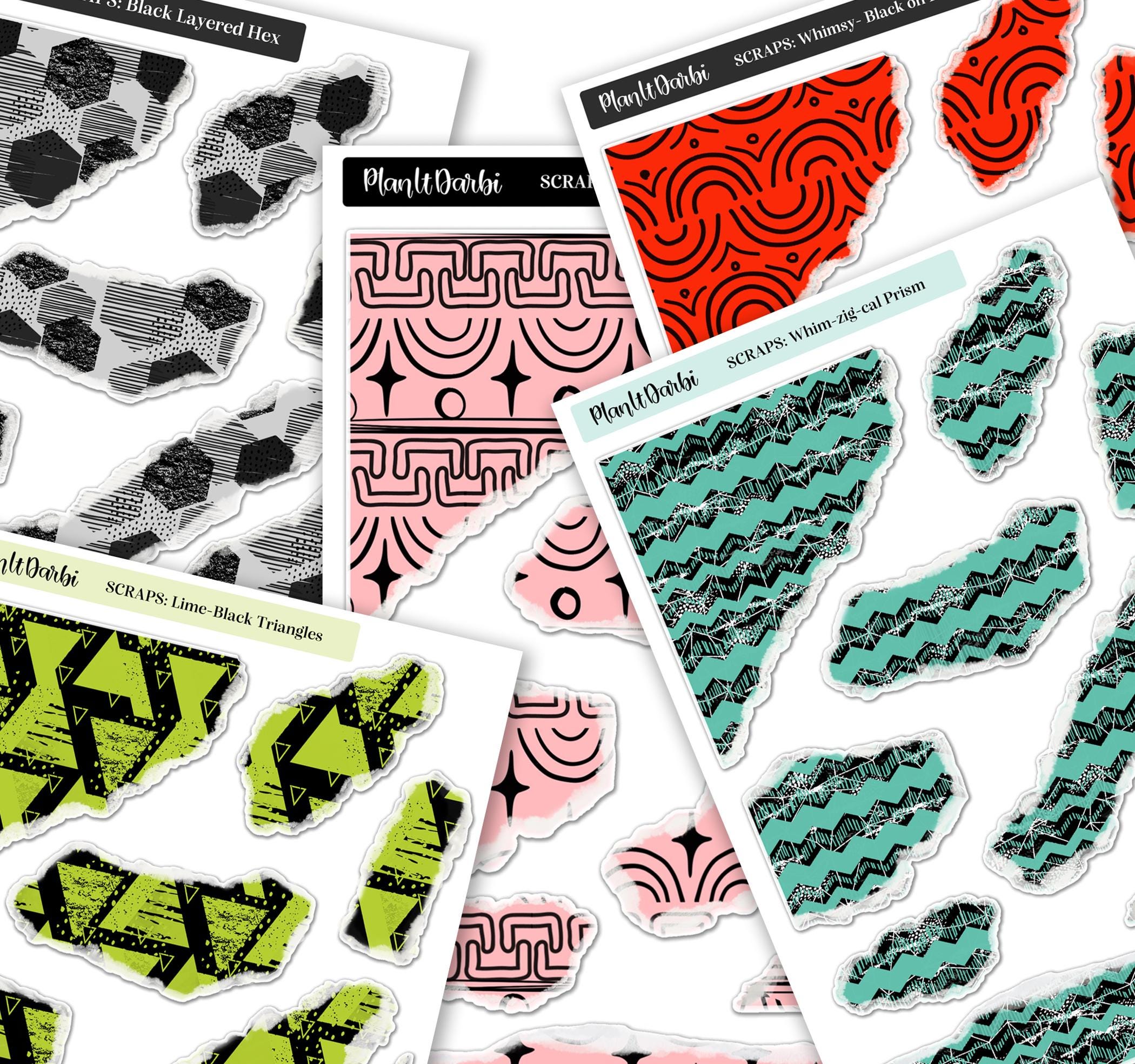 Whimsy Sticker Printable Printable Planner Stickers: 5 PNG SCRAPS Whimsy Black Patterns, Red ...