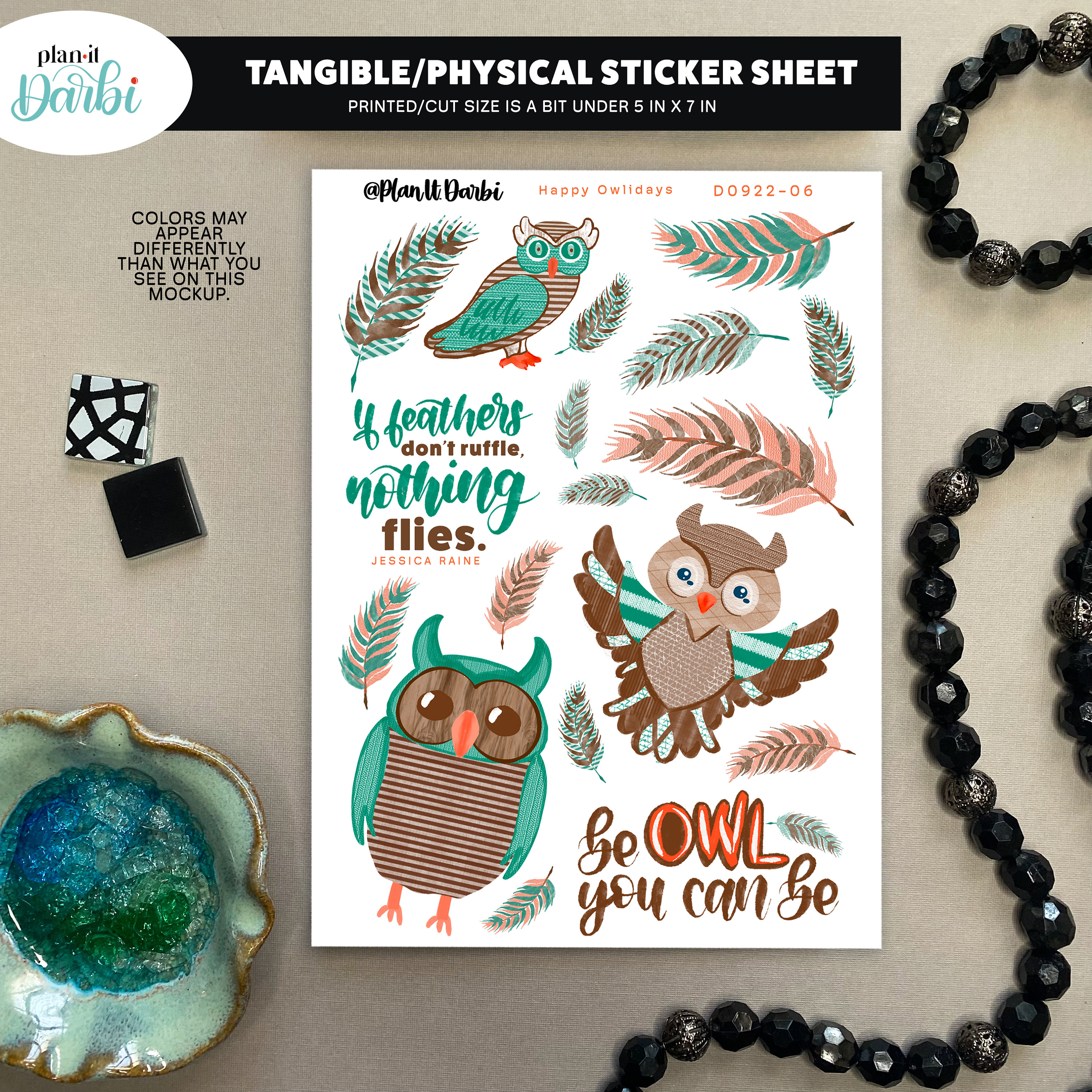 tangible: OWLS orange, teal and brown cute, mixed media wood and wool fabric owl planner stickers