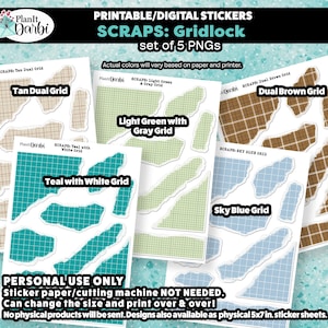 Printable Planner Stickers: SCRAPS - 5 PNG Grid, washi, plaid, simulated paper, torn paper, ephemera, layering stickers for bujos & planners