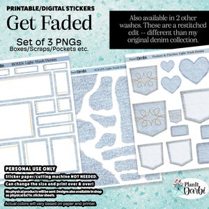 printable stickers the: DENIM EDIT- set of 3- light wash denim stickers, blue jeans, Planner Boxes, scraps, pocket, patches, memory keeping