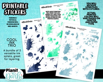 PRINTABLE: cool INK SPLAT trio - 3 files - watercolor colorful journal and planner stickers for layering