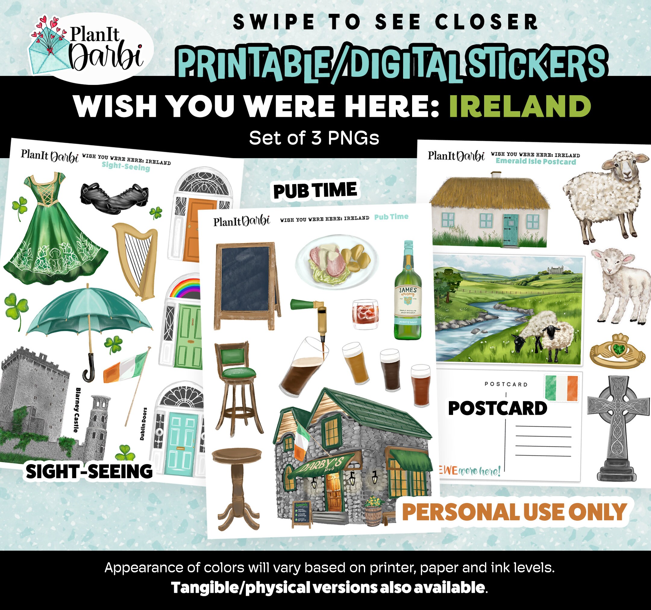 Printable Planner Stickers: Set of 3 Wish You Were Here IRELAND, Irish ...