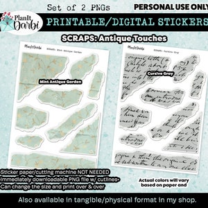 printable planner stickers: SCRAPS (duo) Vintage Mint Garden & Cursive Gray torn paper, ephemera for bujos, planners, scrapbooking