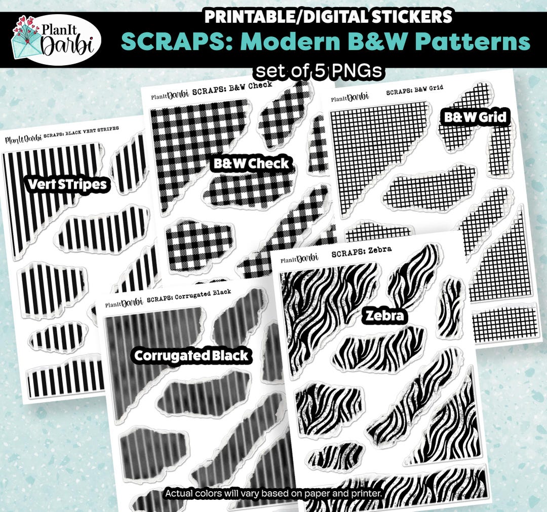 Printable Layering Stickers: SCRAPS 5 Png, Modern B&W Spring Patterns ...