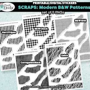 printable layering stickers: SCRAPS 5 png, modern B&W spring patterns, scrapbook paper, torn paper, ephemera, layering stickers for bujos