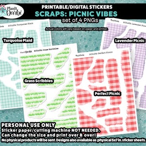 Printable Planner Stickers: SCRAPS 4 PNG Picnic Themed, plaid, grass, buffalo check patterned paper, torn paper, ephemera, layering stickers