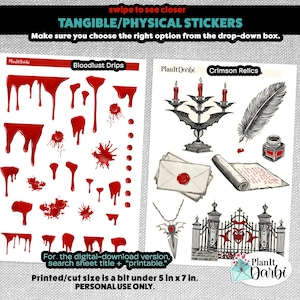 May include: Two sheets of stickers with a gothic theme. The first sheet features red blood drips and splatters. The second sheet features a candelabra with bats, a quill pen, a sealed letter, a gate, a necklace with a dagger, and a scroll. The text on the sheet reads "PlanIt Darbi" and "Crimson Relics".