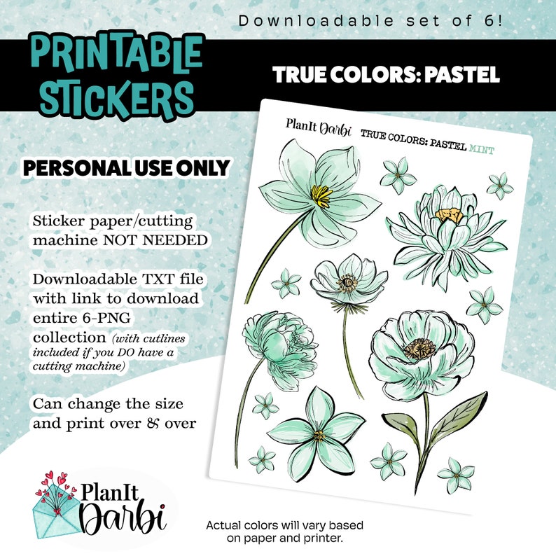 Printable Stickers: True Colors PASTEL set of 6 PNG digital watercolor spring flowers, lined floral stickers for planners & Journals image 6