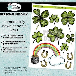 May include: A digital download of printable stickers featuring a rainbow, a pot of gold, horseshoes, and four-leaf clovers. The text "DOODLY LUCK" is at the top of the image.