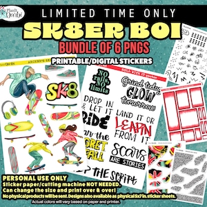 May include: A bundle of 6 PNG digital stickers with a skateboarding theme. The stickers feature illustrations of skateboards, skaters, and inspirational quotes. The text "SK8ER BOI" is displayed in large, colorful letters.