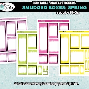 Può includere: Set di quattro adesivi digitali stampabili con scatole sfumate a tema primaverile in viola, verde, rosa e giallo. Gli adesivi sono progettati per l'uso in planner e diari.