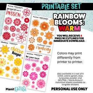 printable: RAINBOW BLOOMS set of 4 warm colors watercolor flowers - red, orange, yellow, pink planner stickers for journals & Planners