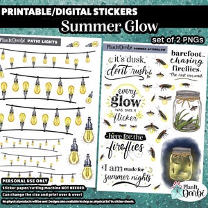 May include: Digital sticker set featuring patio lights and fireflies. The design includes strings of yellow light bulbs and illustrations of fireflies in jars, with text that reads "Summer Glow".