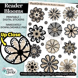 May include: A sheet of printable digital stickers featuring floral designs in black and beige. The stickers include various flower shapes with intricate patterns and text from a book. The text "Reader Blooms" is at the top.