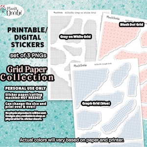 May include: Digital sticker set featuring a grid paper collection with three PNGs. The designs include gray on white grid, blush dot grid, and graph grid in blue. The stickers are for personal use and can be resized.