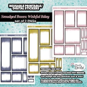 Puede incluir: Hojas de pegatinas digitales con cajas rectangulares y cuadradas en tonos rosa, dorado y azul. Las cajas tienen una textura difuminada y bordes negros. El texto incluye "Smudged Boxes: Wishful Bday" y "set of 2 PNGs."