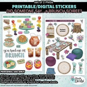 printable planner stickers: Kristie's Soiree & Jess's Brunch, summer boho deco, macarons, waffles, fruit, boho stickers, sweet tea, iced tea