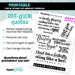 Puede incluir: Pegatinas digitales imprimibles con citas sobre abejas. Las citas incluyen "Las hermosas flores me avergüenzan; me hacen lamentar no ser una abeilla." de Emily Dickinson, "Donde las flores florecen, también lo hace la esperanza." de Lady Bird Johnson, "Trabaja duro, quédate zumbando, florece, bebé florece." y "Flota como una mariposa, pica como una abeilla." de Muhammad Ali. Las pegatinas son en blanco y negro con un fondo blanco.